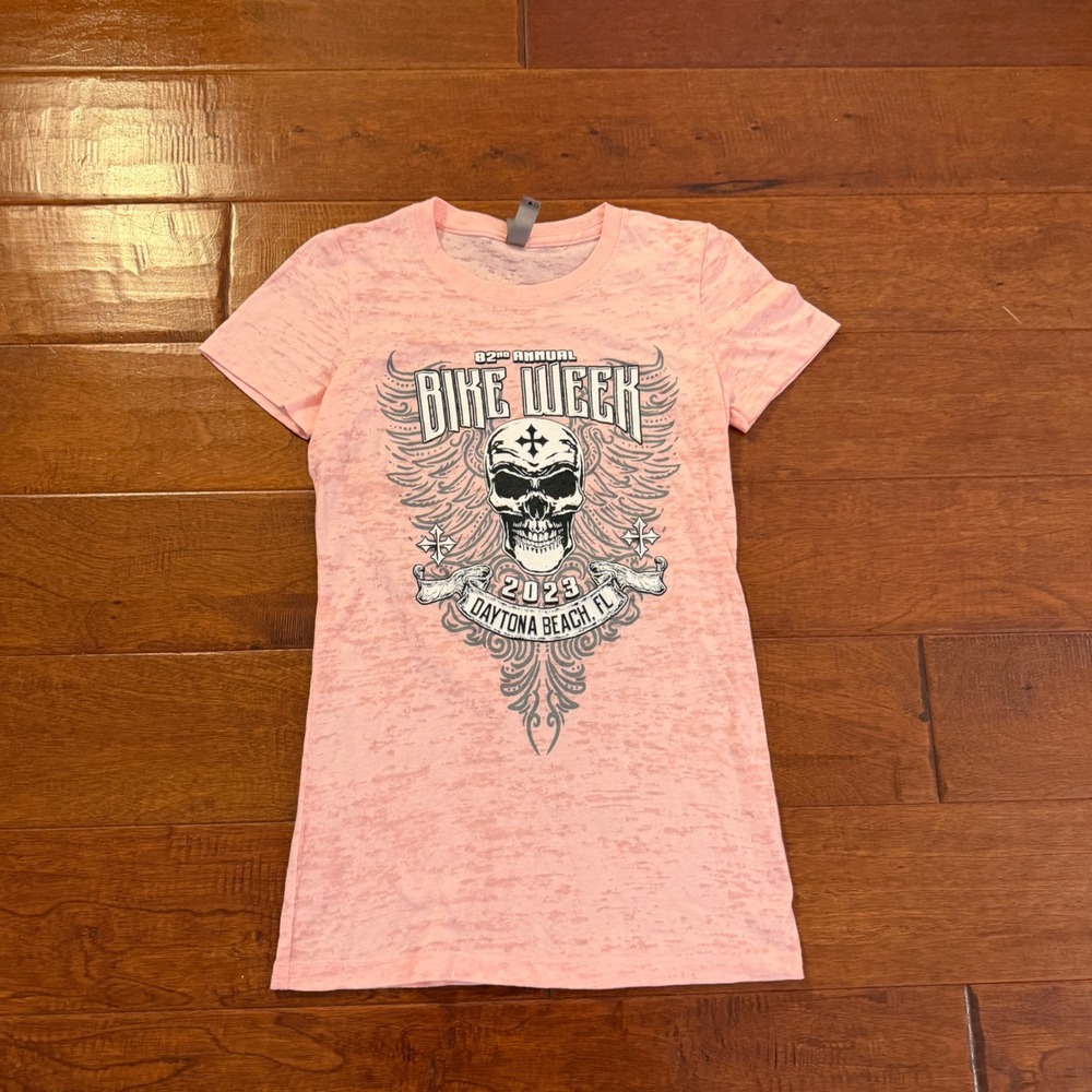 Daytona Beach Bike Week 2023 Skull Burnout T-Shirt Womens S Pink Tee Y2K Grunge